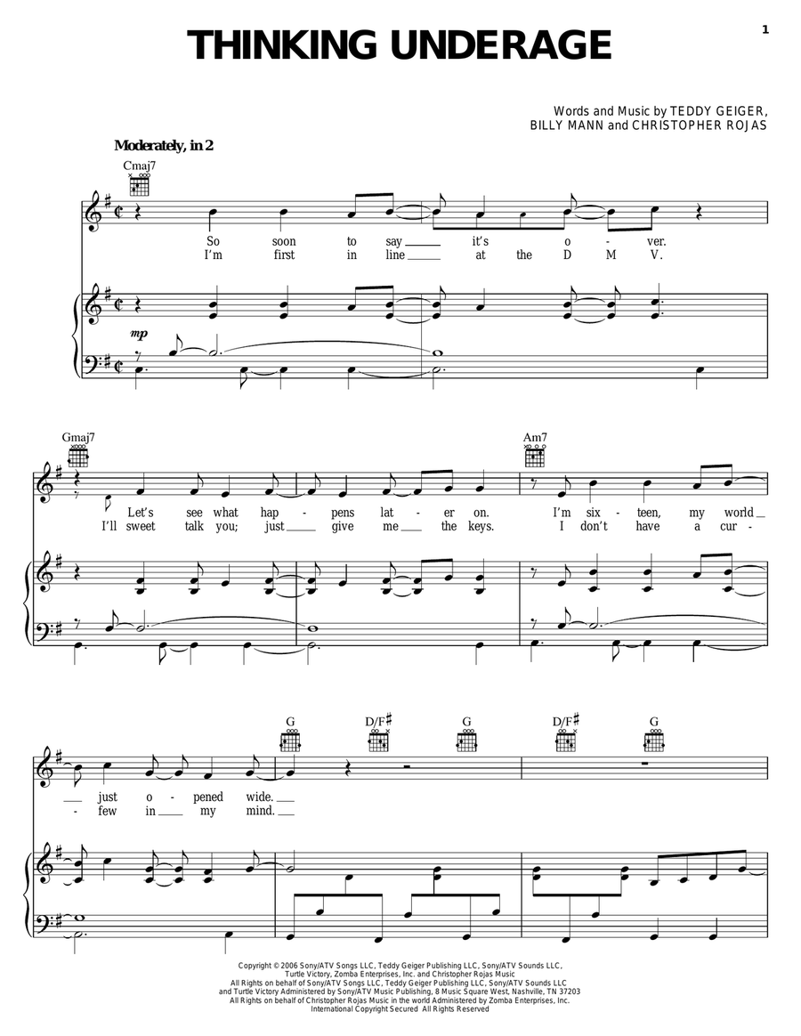 Thinking Underage Piano, Vocal, Guitar scores gallery preview page 1