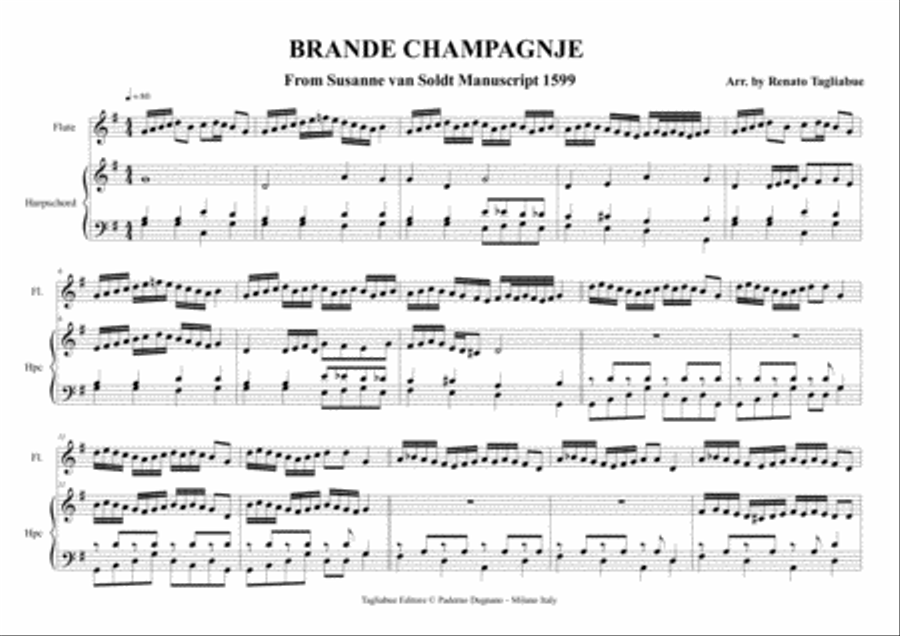 BRANDE CHAMPAGNJE - Anonimous 1599 - Arr. for Flute (or any instr. n C) and Harpschord Small Ensemble scores gallery preview page 2