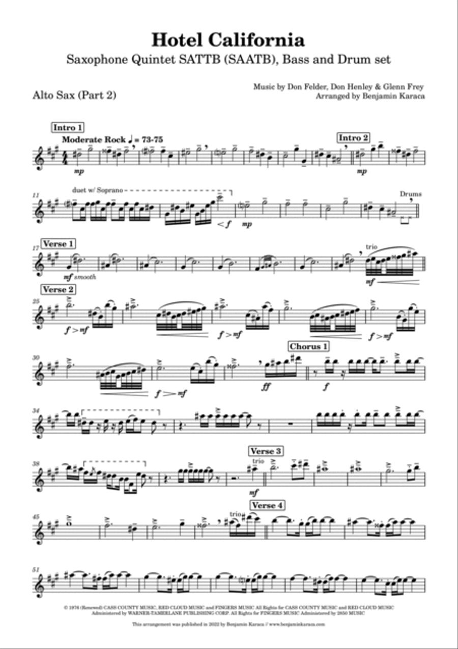 Hotel California Saxophone Quintet scores gallery preview page 6