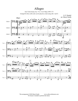 Allegro from Violin Sonata. Arranged for cello duet or trio in D major. Originally Op. 1 No. 12 in