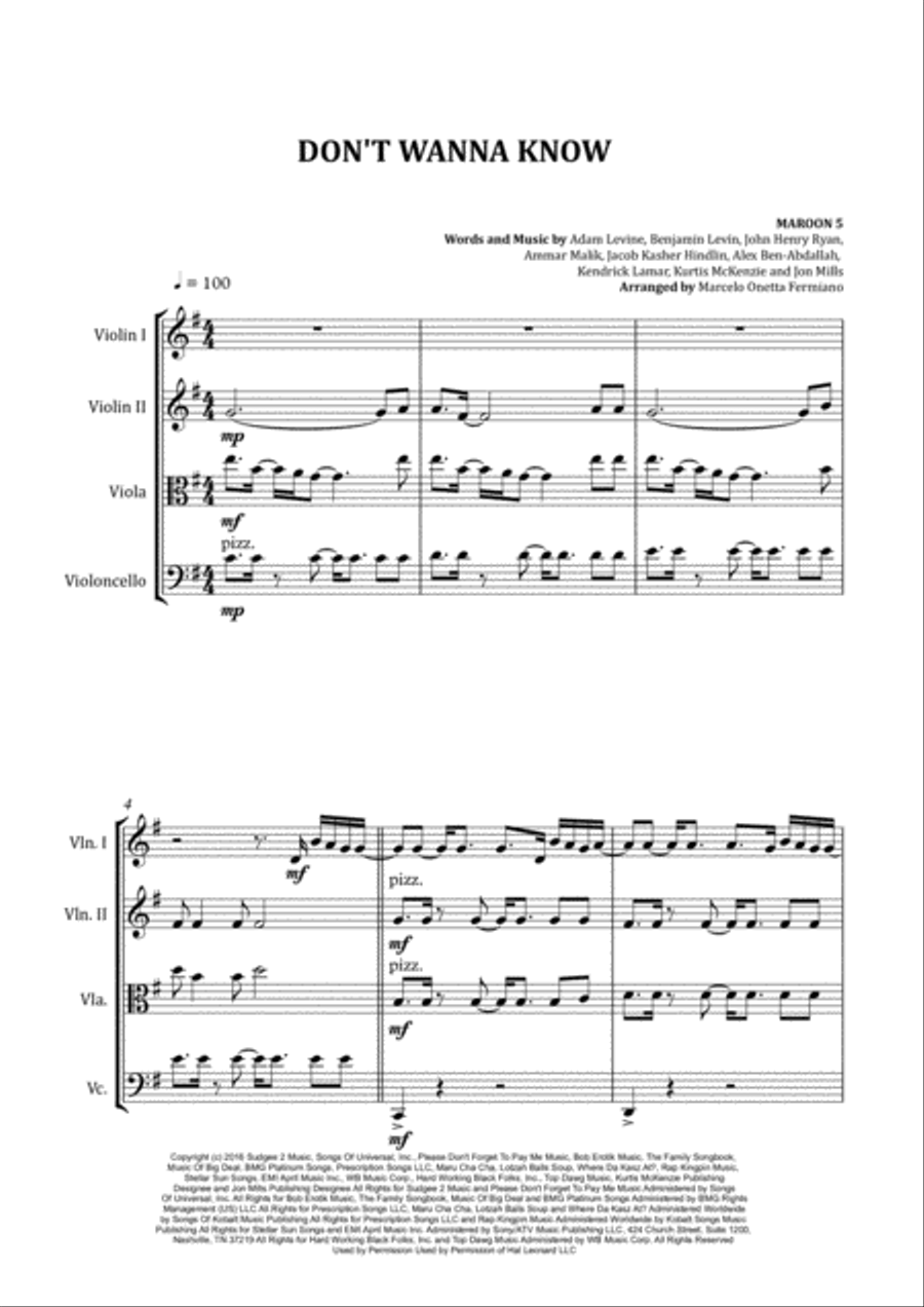 Don't Wanna Know String Quartet scores gallery preview page 4