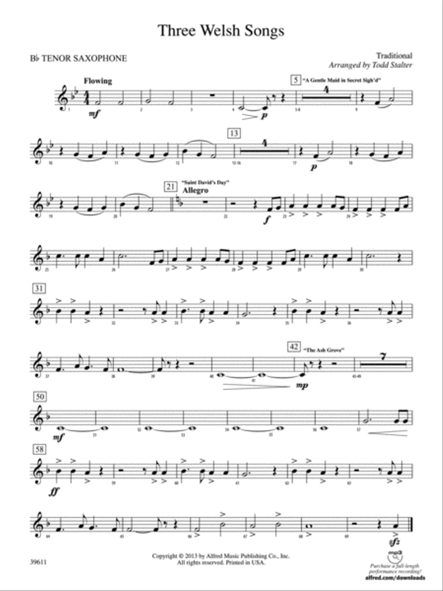Three Welsh Songs: B-flat Tenor Saxophone Concert Band scores gallery preview page 1