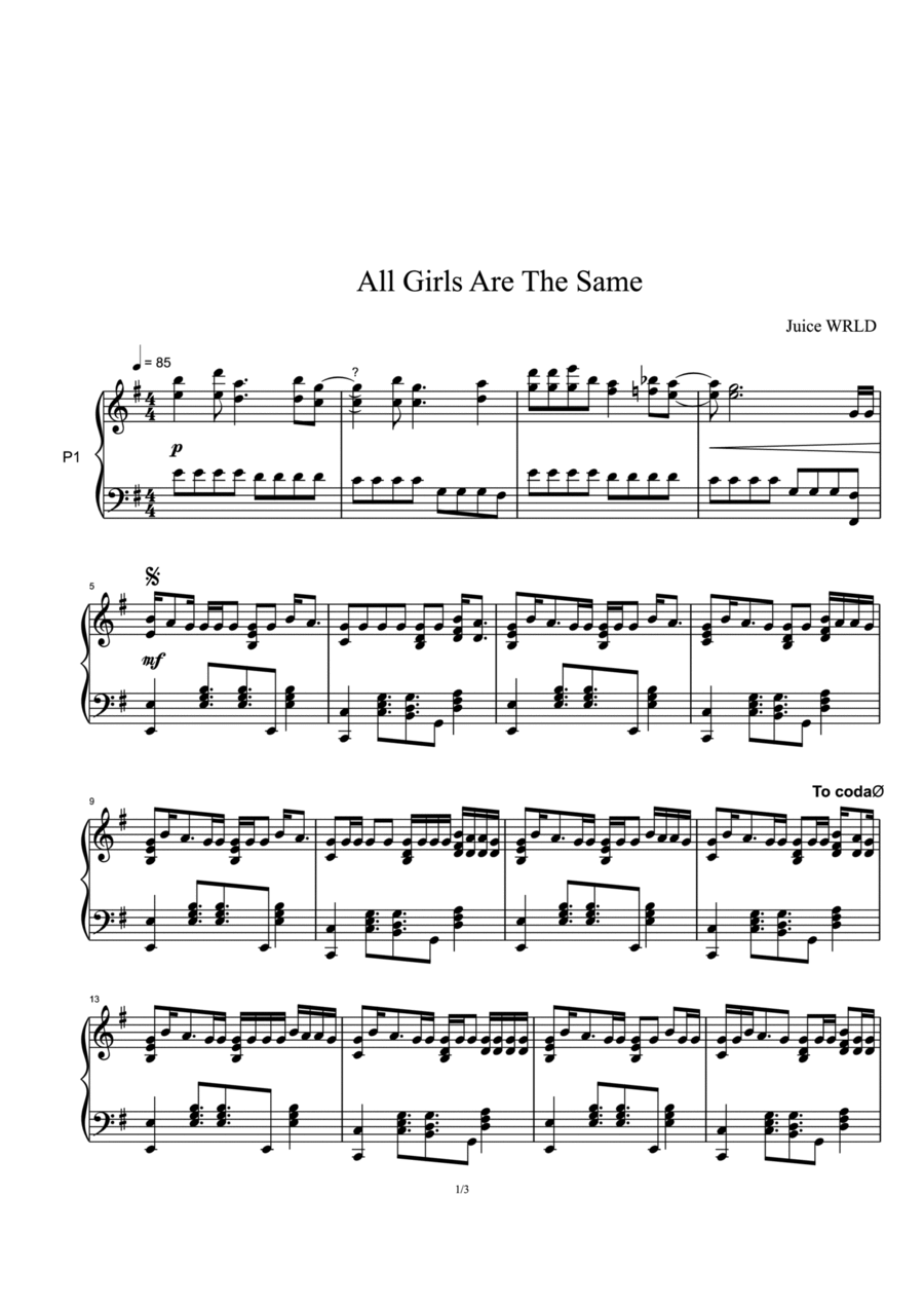 All Girls Are The Same Piano Solo scores gallery preview page 1