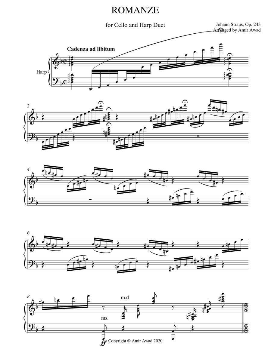 J. Strauss : Romance for Cello and Harp Duet , Op.243 , Arranged by Amir Awad String Duet scores gallery preview page 1