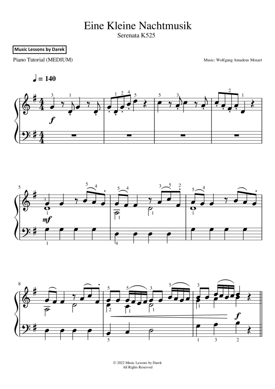 Eine Kleine Nachtmusik (MEDIUM PIANO) Serenata K525 [Wolfgang Amadeus Mozart] Piano Solo scores gallery preview page 1