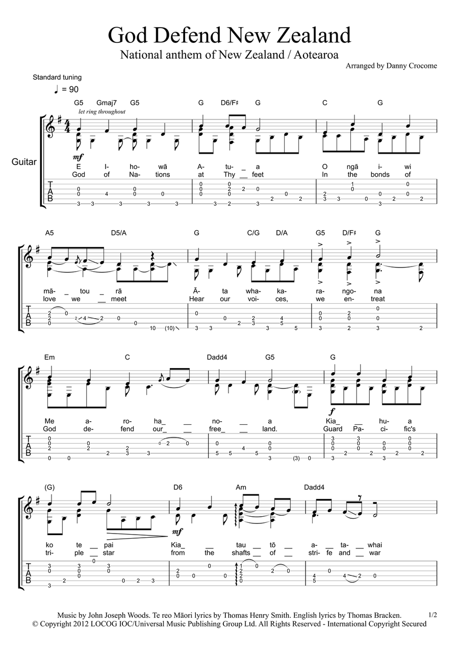 God Defend New Zealand (New Zealand/Aotearoa national anthem) Guitar Solo scores gallery preview page 1