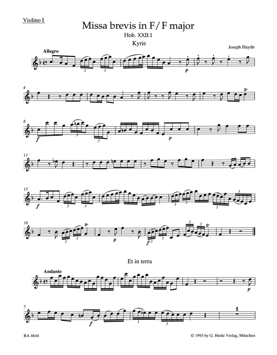 Missa brevis F major Hob. XXII:1 Violin scores gallery preview page 1