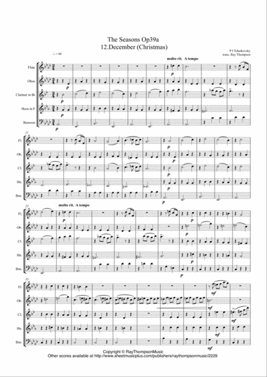 Tchaikovsky: The Seasons Op.37a No.12 December (Christmas) - wind quintet Woodwind Quintet scores gallery preview page 1