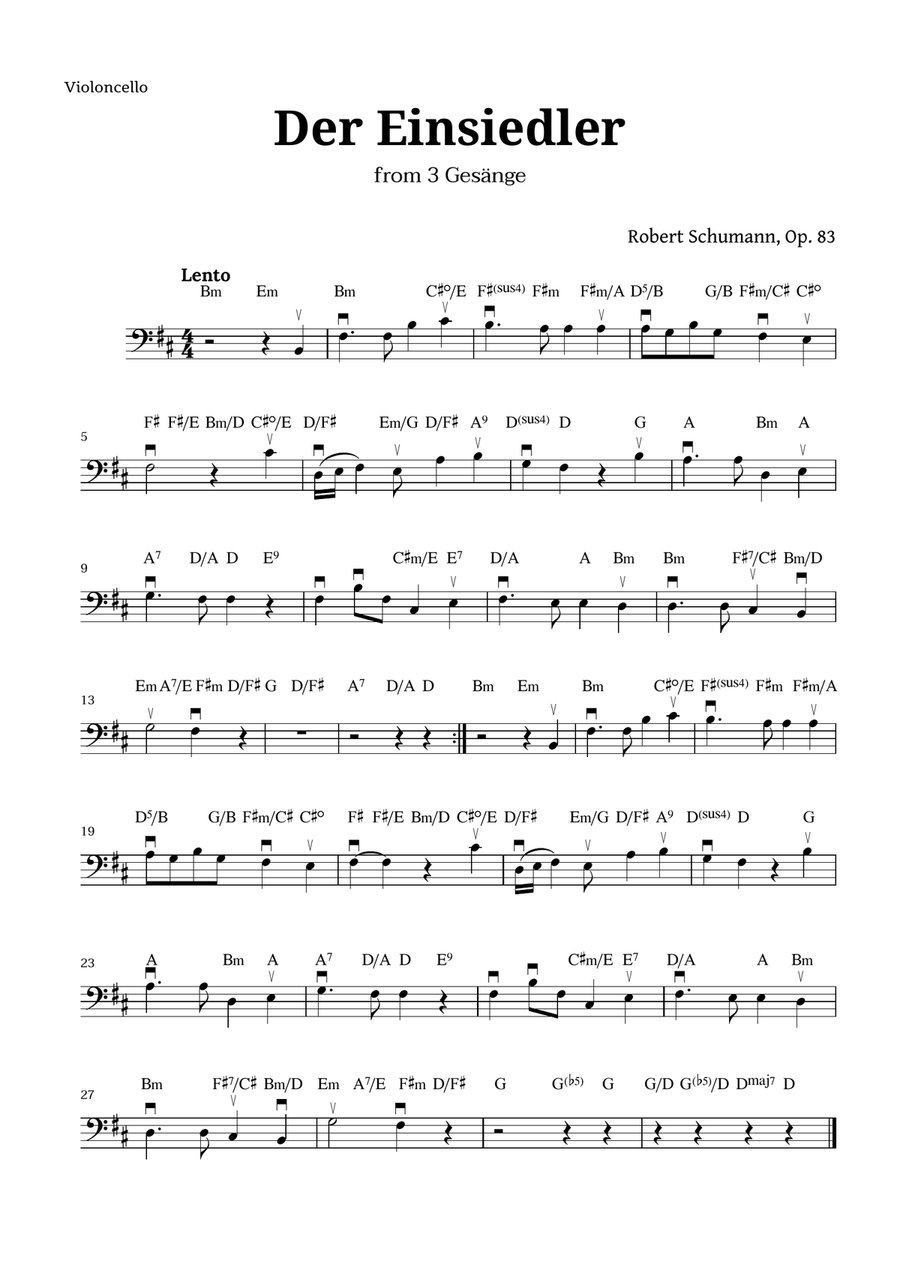 Der Einsiedler by Schumann for Cello and Chords Cello Solo scores gallery preview page 1