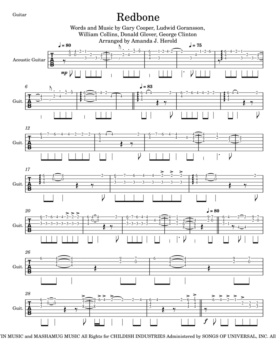 Redbone Guitar Tablature scores gallery preview page 1
