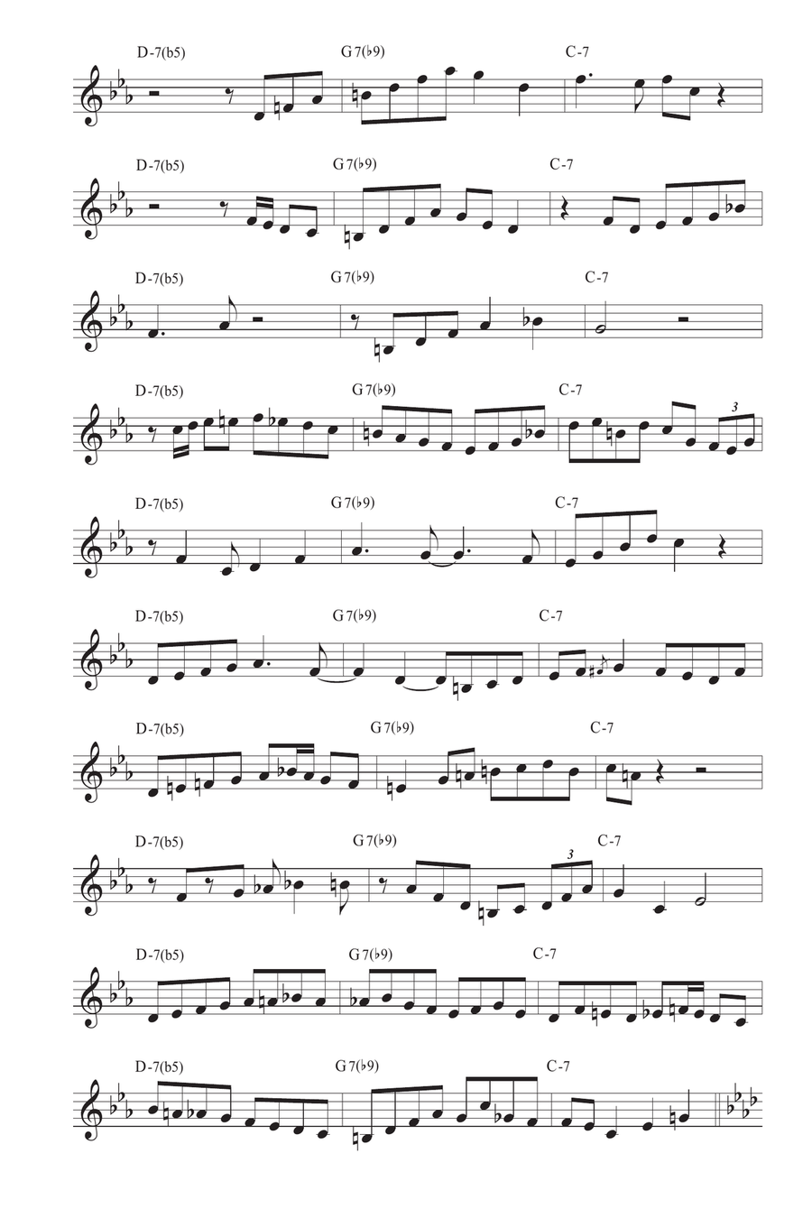 10 easy minor II-V-I licks Chet Baker in 12 keys - Treble clef