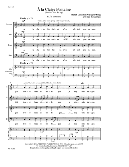 A la Claire Fontaine (At the clear spring) - SATB choir, a cappella image number null