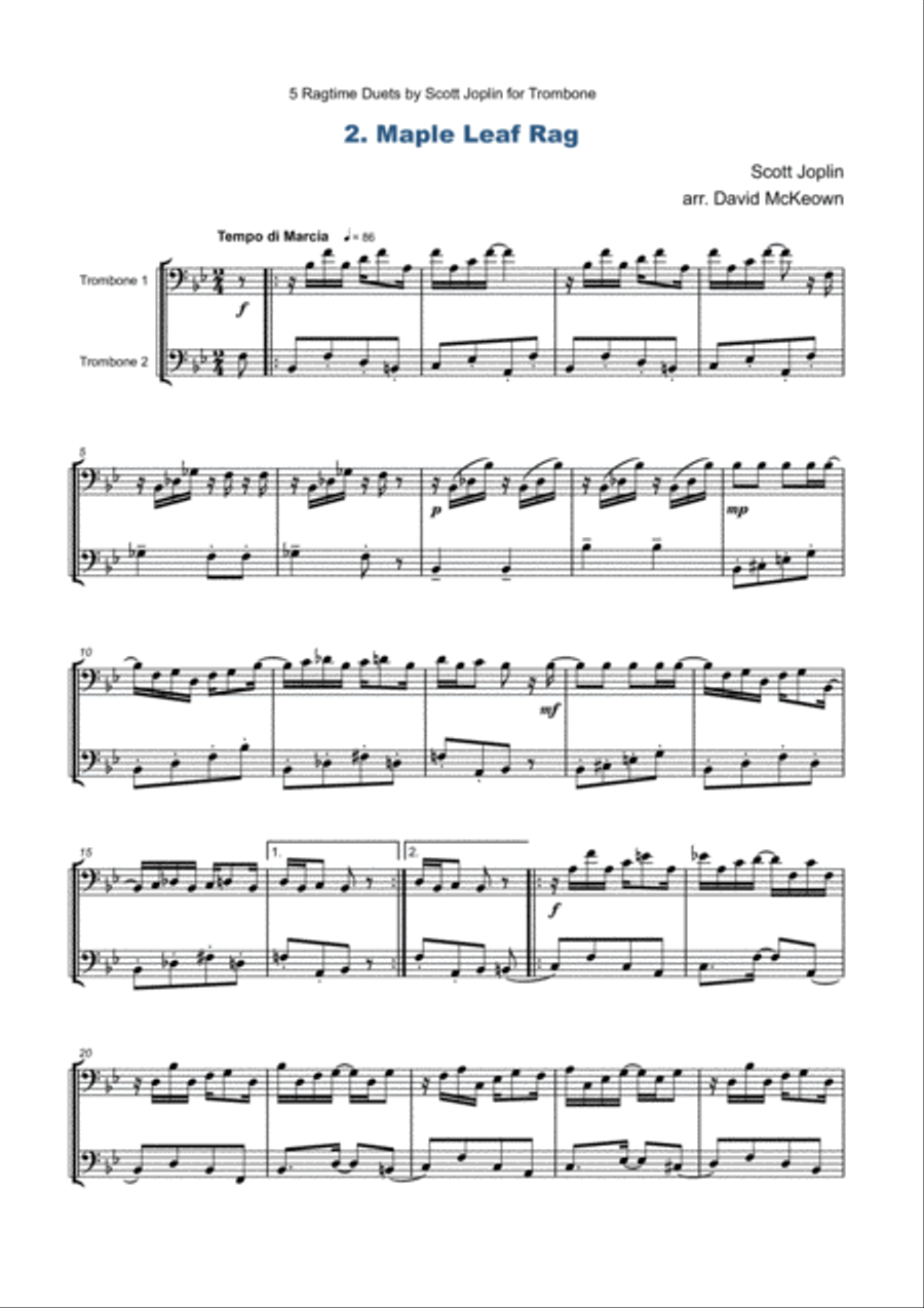 Five Ragtime Duets by Scott Joplin for Trombone Trombone Duet scores gallery preview page 5