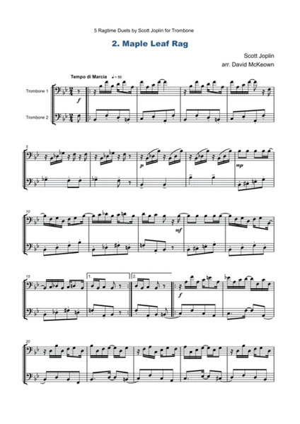 Five Ragtime Duets by Scott Joplin for Trombone