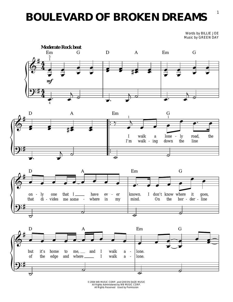 Boulevard Of Broken Dreams Easy Piano scores gallery preview page 1