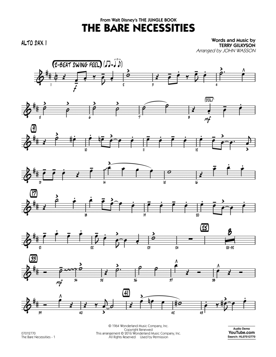 The Bare Necessities (from The Jungle Book) - Alto Sax 1 Alto Saxophone scores gallery preview page 1