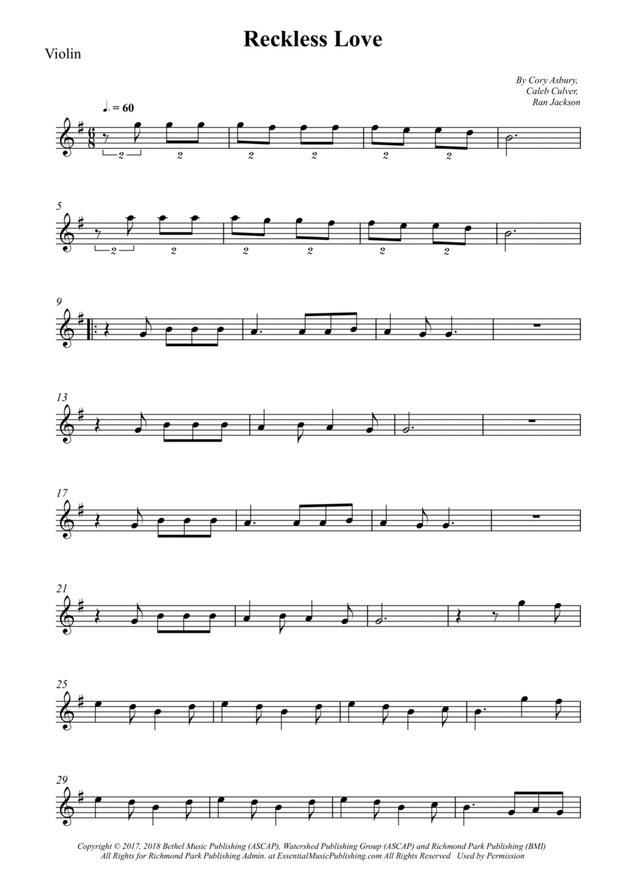 Reckless Love Violin Solo scores gallery preview page 1