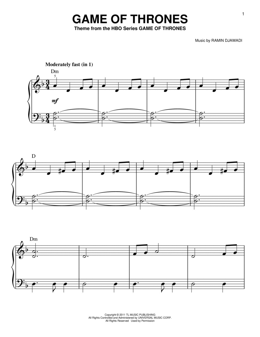 Game Of Thrones - Main Title Easy Piano scores gallery preview page 1