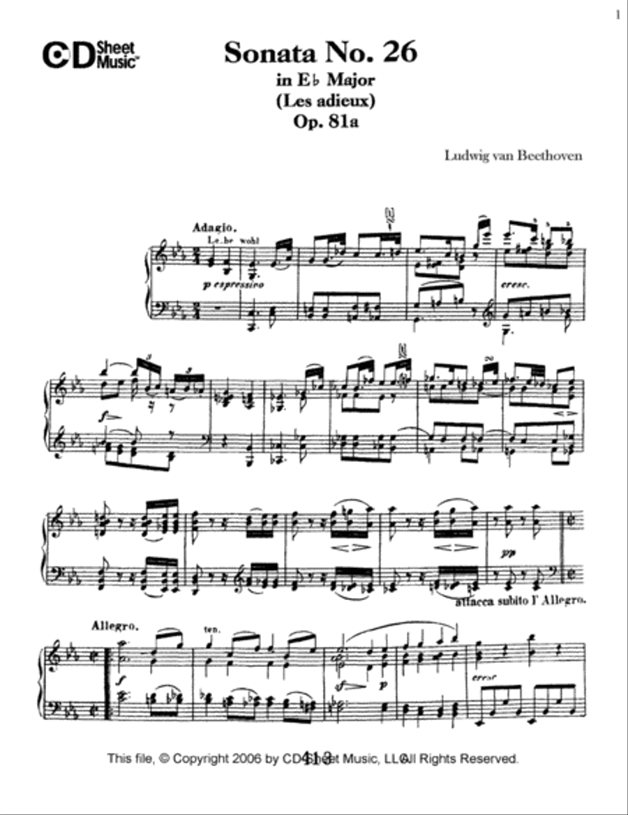 Sonata No. 26 In E-flat Major (les Adieux), Op. 81a Piano Solo scores gallery preview page 1