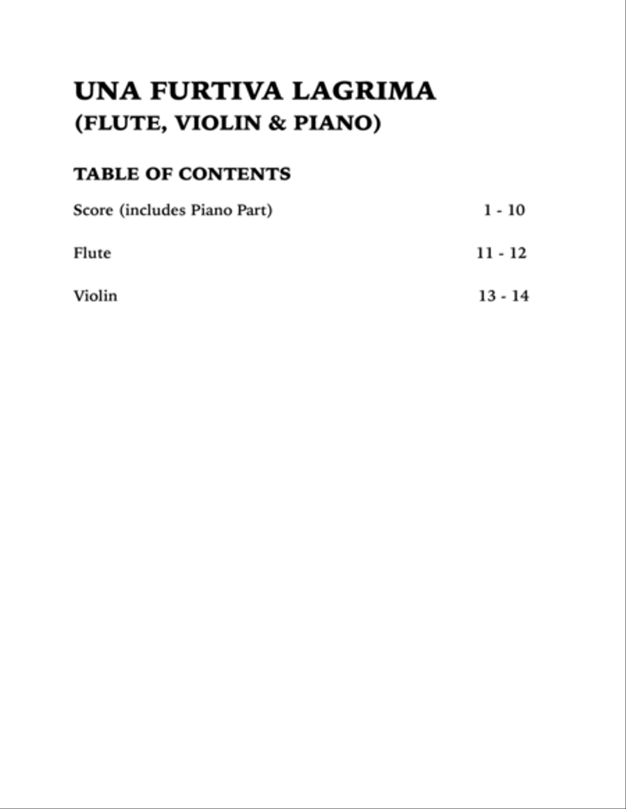 Una Furtiva Lagrima (One Furtive Tear): Trio for Flute, Violin and Piano image number null