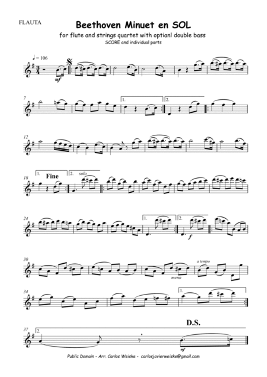 Beethoven Minuett in G for flute and string quartet with optional double bass Flute scores gallery preview page 4