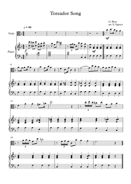 Toreador Song, Georges Bizet, For Viola & Piano image number null
