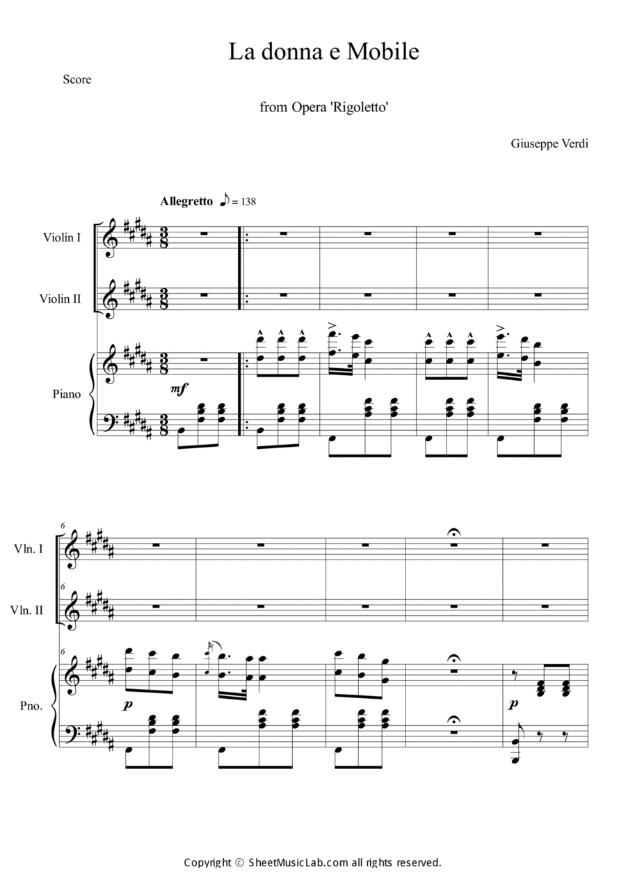 La donna e Mobile from Opera Rigoletto Piano Trio scores gallery preview page 1