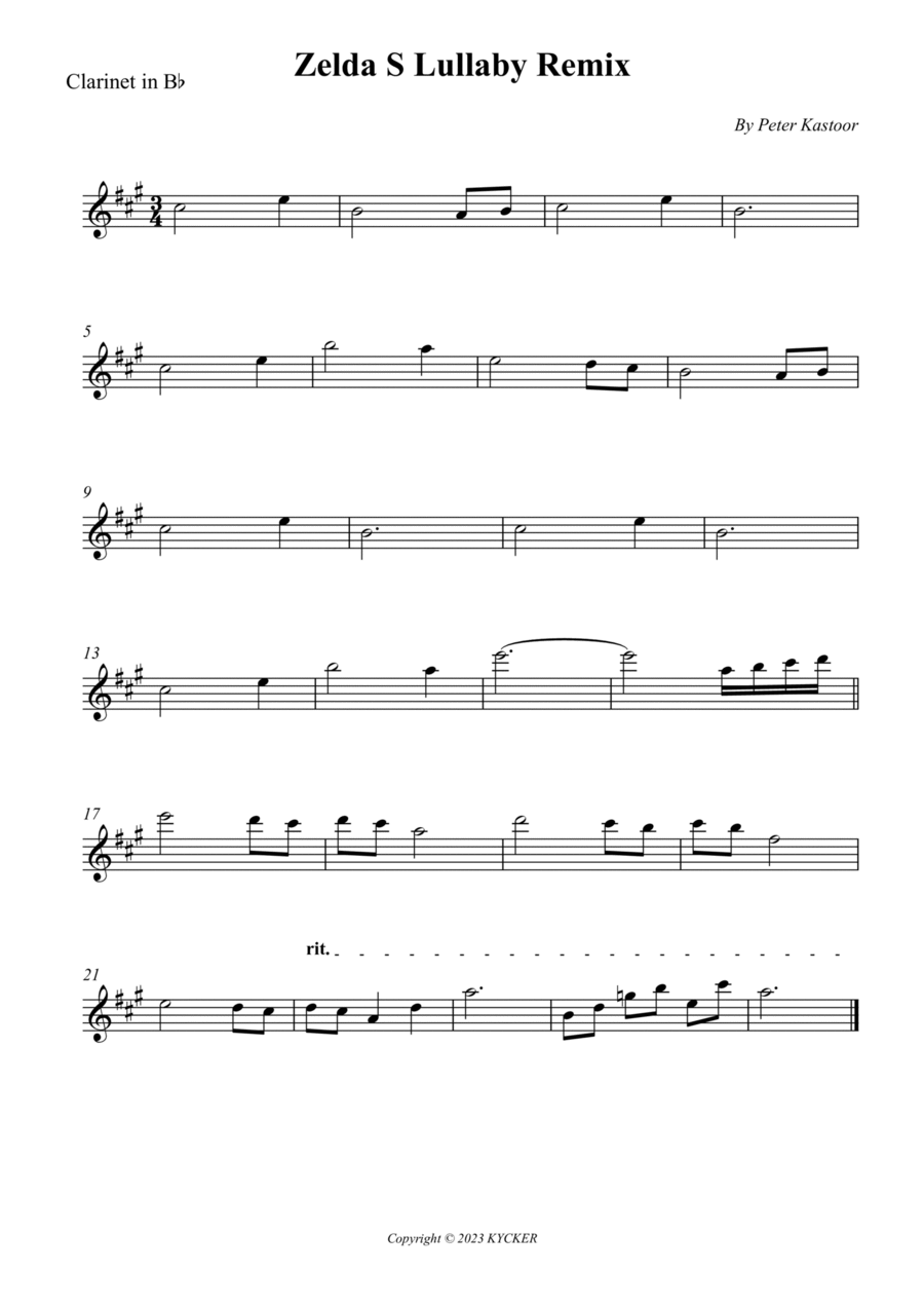 Zelda S Lullaby Remix B-Flat Clarinet scores gallery preview page 1