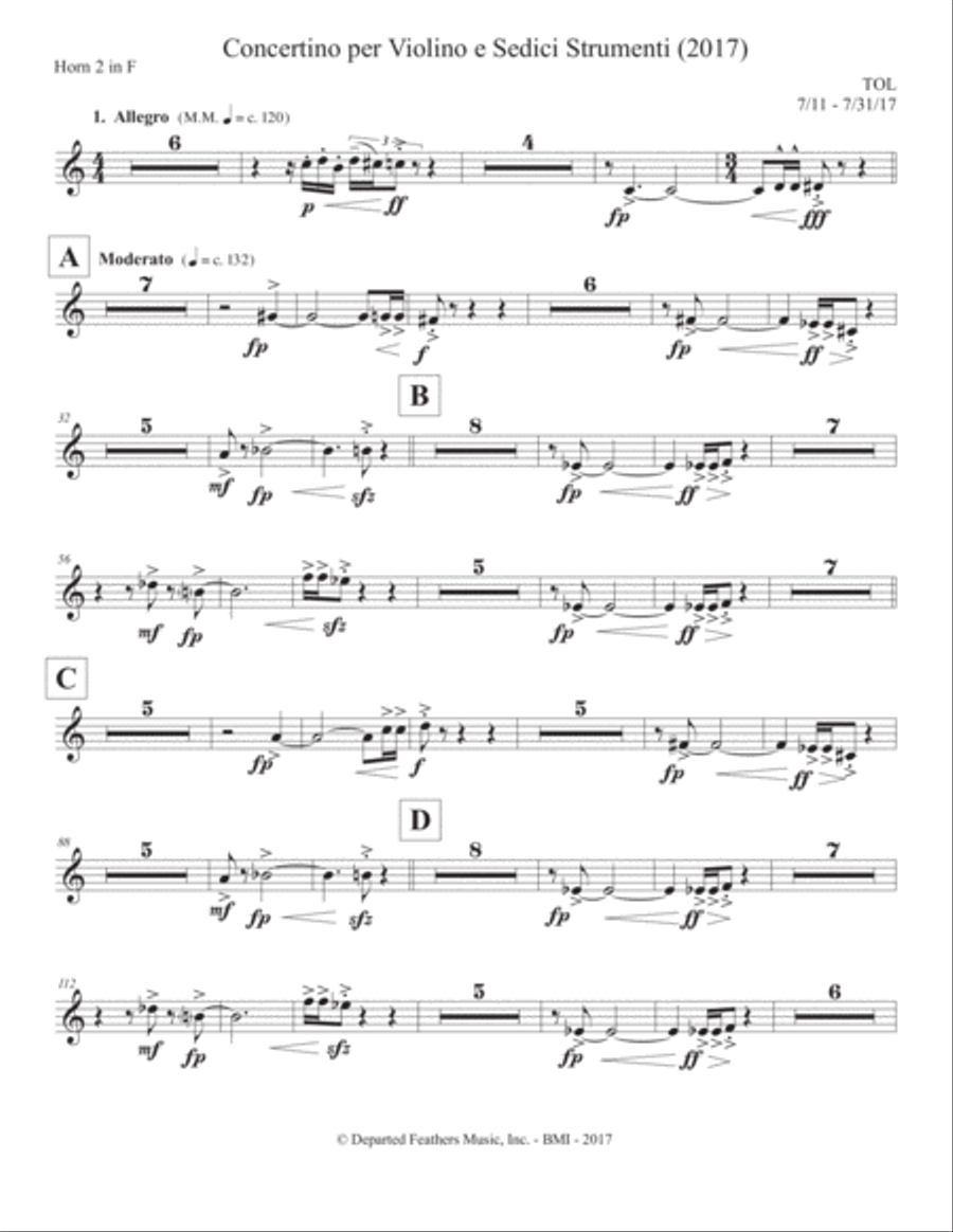 Concertino per Violino e Sedici Strumenti (2017) horn in F part 2 Large Ensemble scores gallery preview page 1