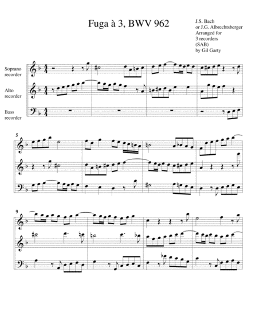 Fugue, BWV 962 (arrangement for 3 recorders) Recorder scores gallery preview page 1