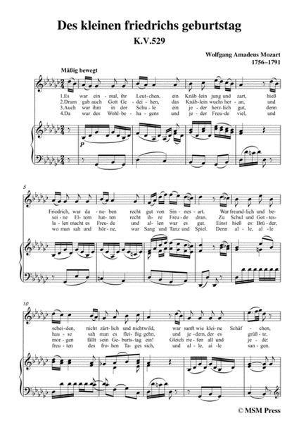 Mozart-Des kleinen friedrichs geburtstag,in G sharp Major,for Voice and Piano image number null