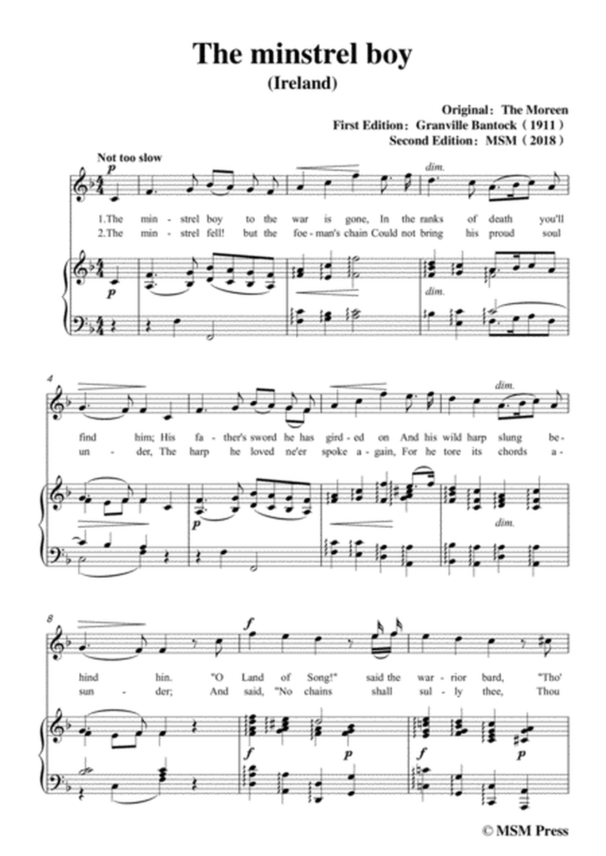 Bantock-Folksong,The minstrel boy,in F Major,for Voice and Piano image number null