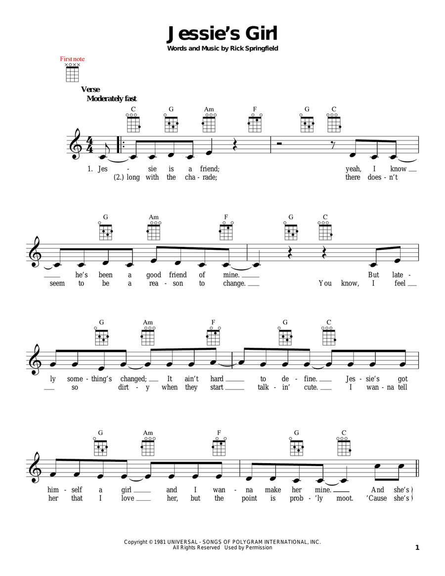 Jessie's Girl Jessie's Girl Ukulele scores gallery preview page 1