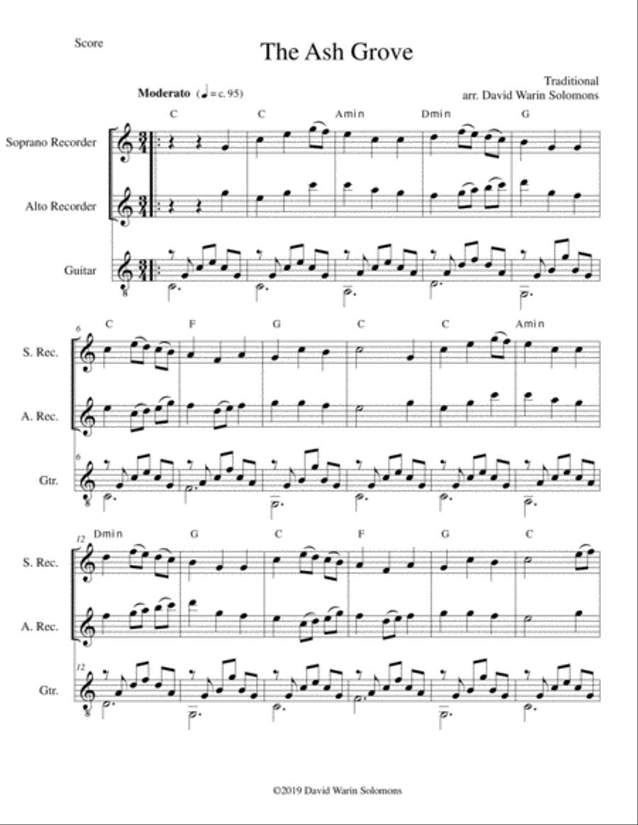 The Ash Grove (Llwyn Onn) for soprano and alto recorders and guitar Soprano Recorder scores gallery preview page 1