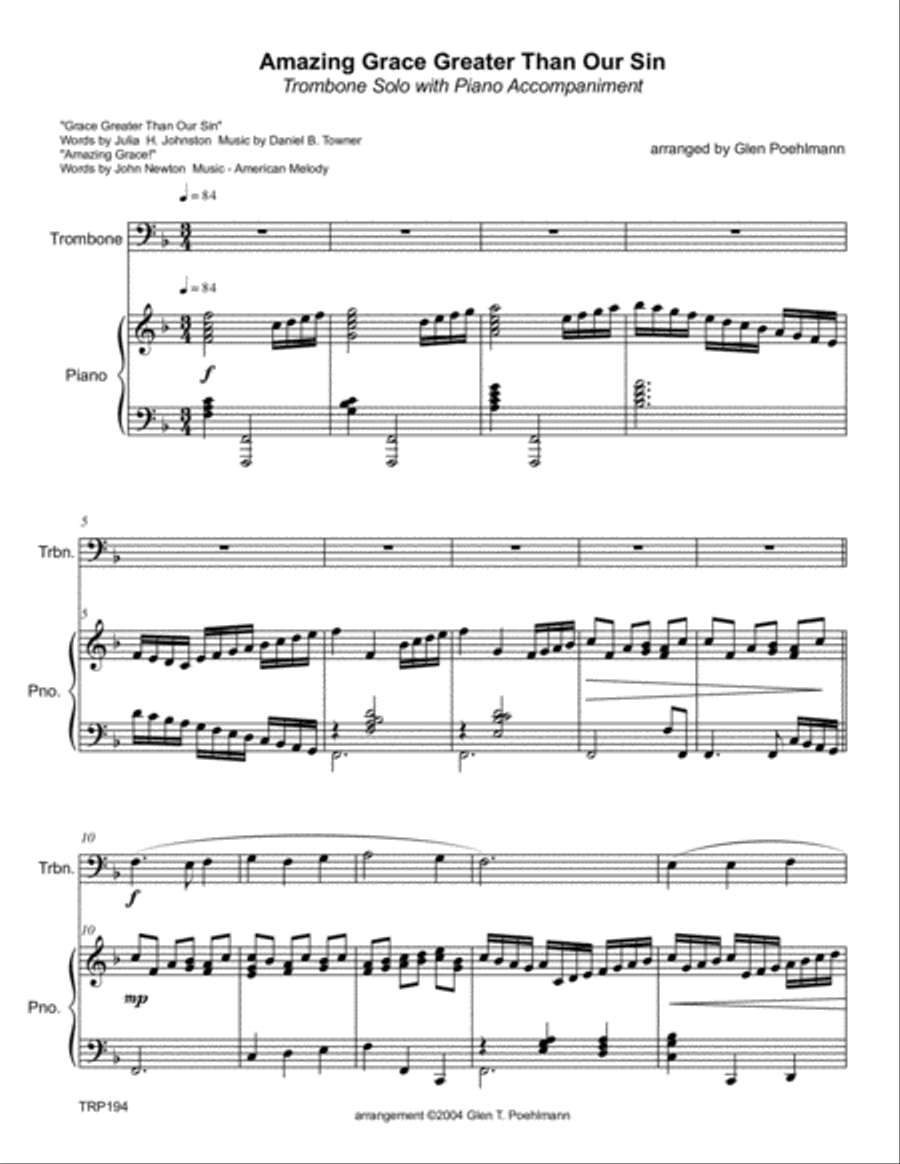 AMAZING GRACE GREATER THAN OUR SIN - TROMBONE SOLO with Piano Accompaniment Brass Duet scores gallery preview page 1