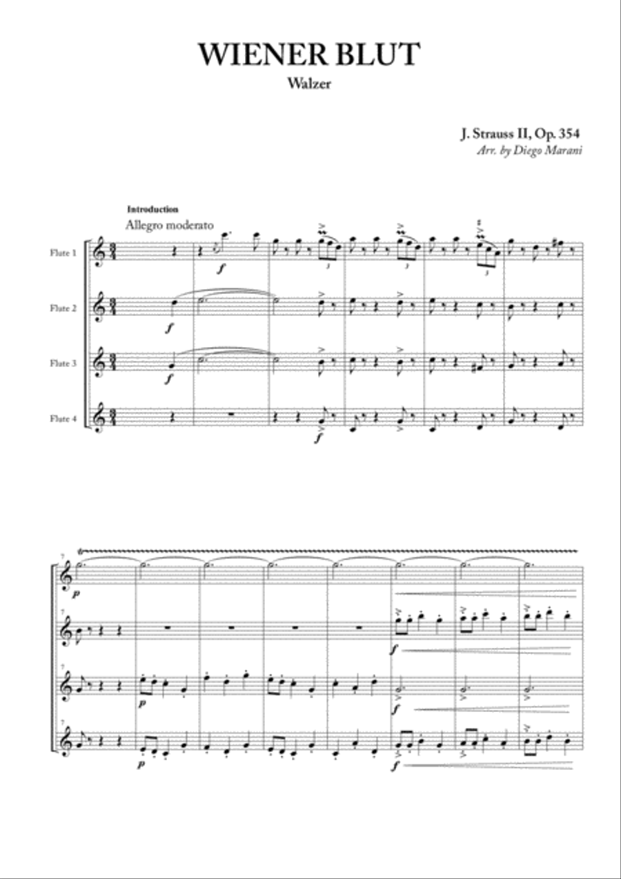 Wiener Blut for Flute Quartet Flute Quartet scores gallery preview page 1
