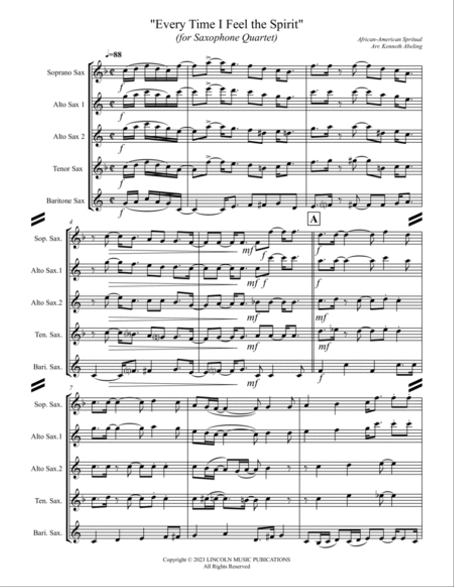 Every Time I Feel the Spirit (for Saxophone Quartet SATB or AATB) Saxophone Quartet scores gallery preview page 2
