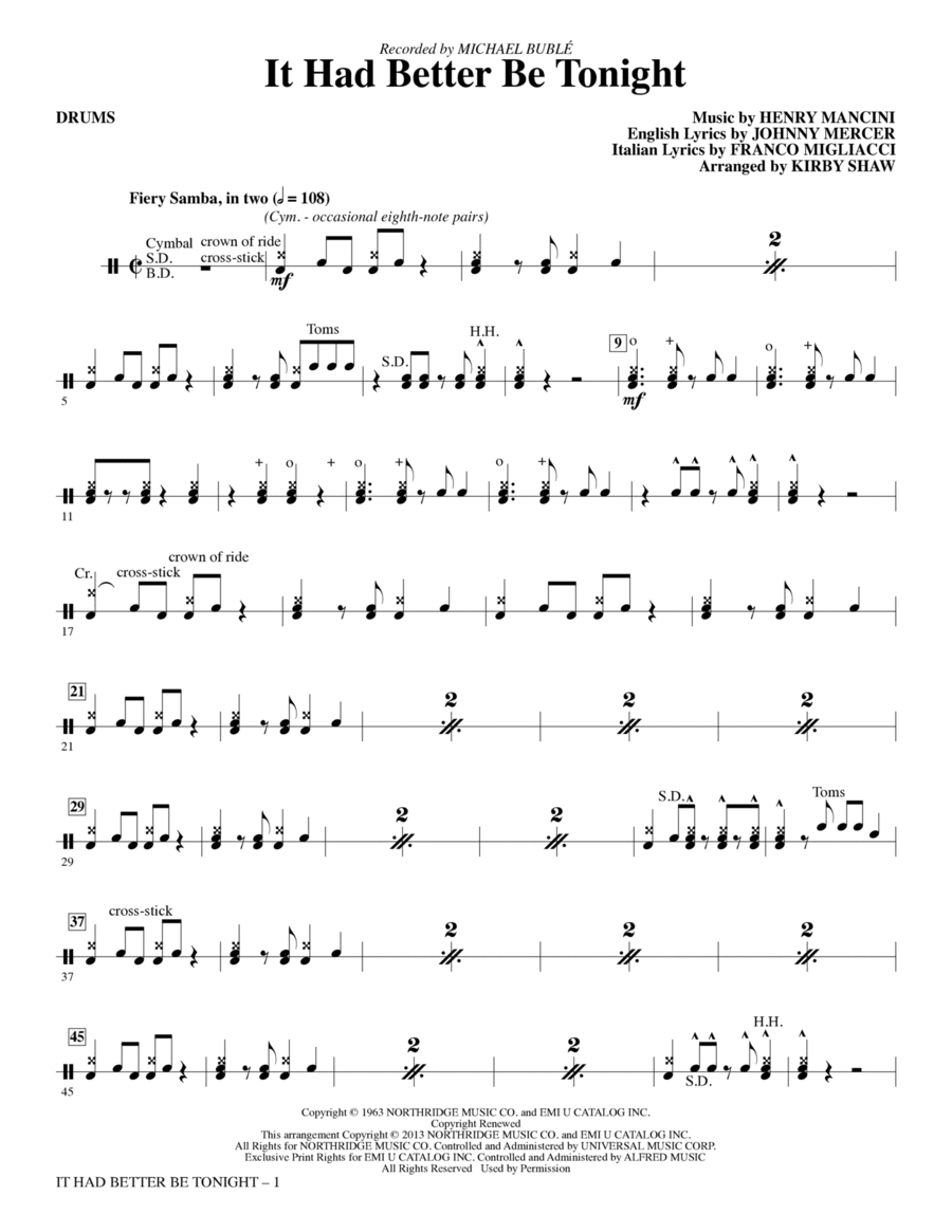 It Had Better Be Tonight - Drums Choir scores gallery preview page 1