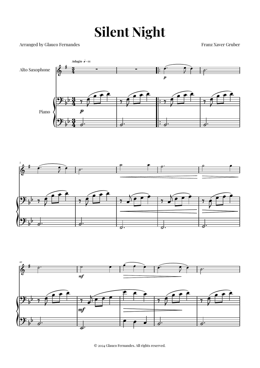 Silent Night | BEAUTIFUL Arrangement Alto Saxophone scores gallery preview page 1