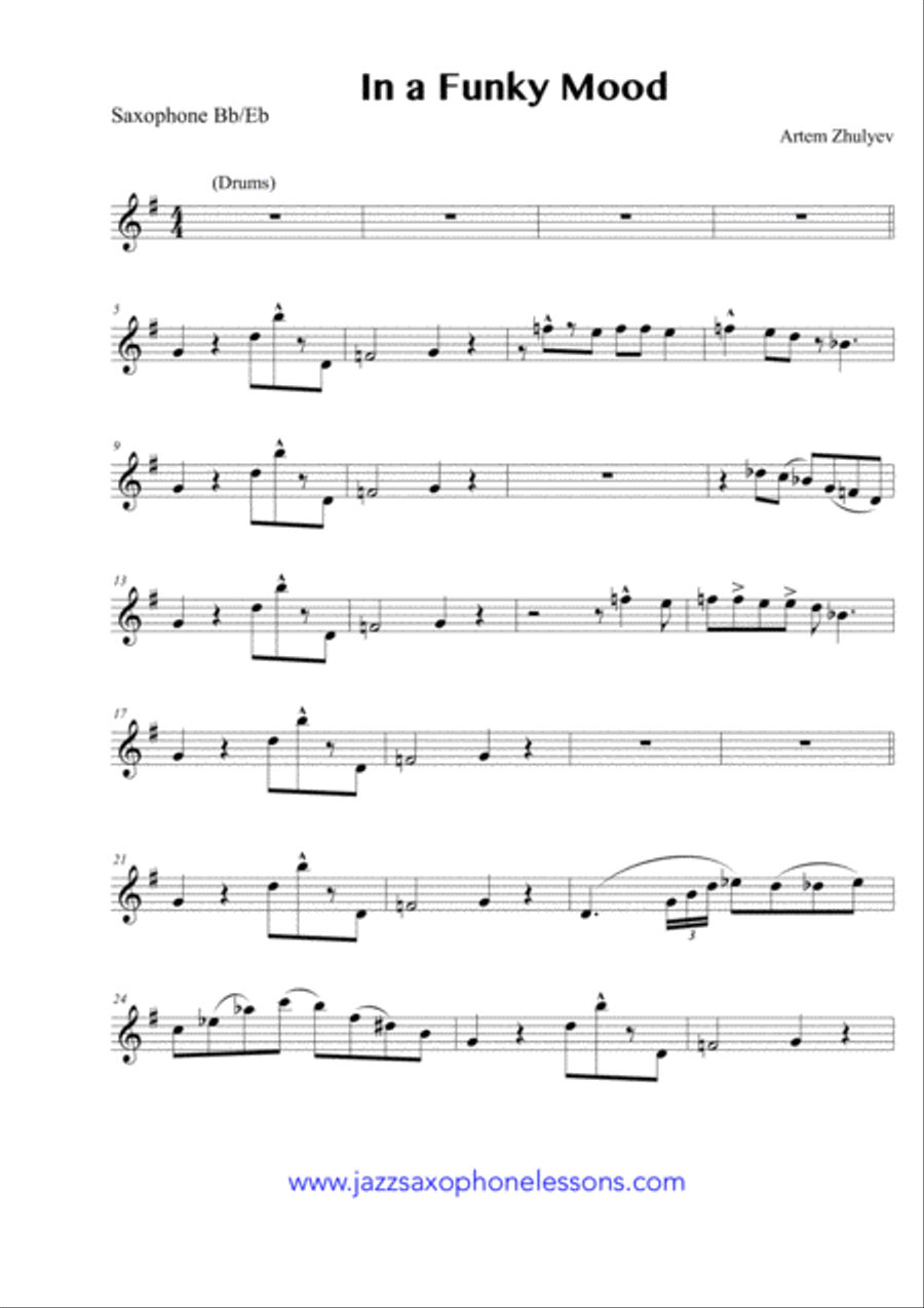 In a Funky Mood (jazz etude for saxophone Bb/Eb) by Artem Zhulyev Woodwind Quartet scores gallery preview page 3