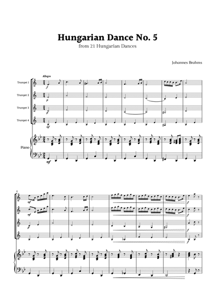 Hungarian Dance No. 5 by Brahms for Trumpet Quartet and Piano image number null