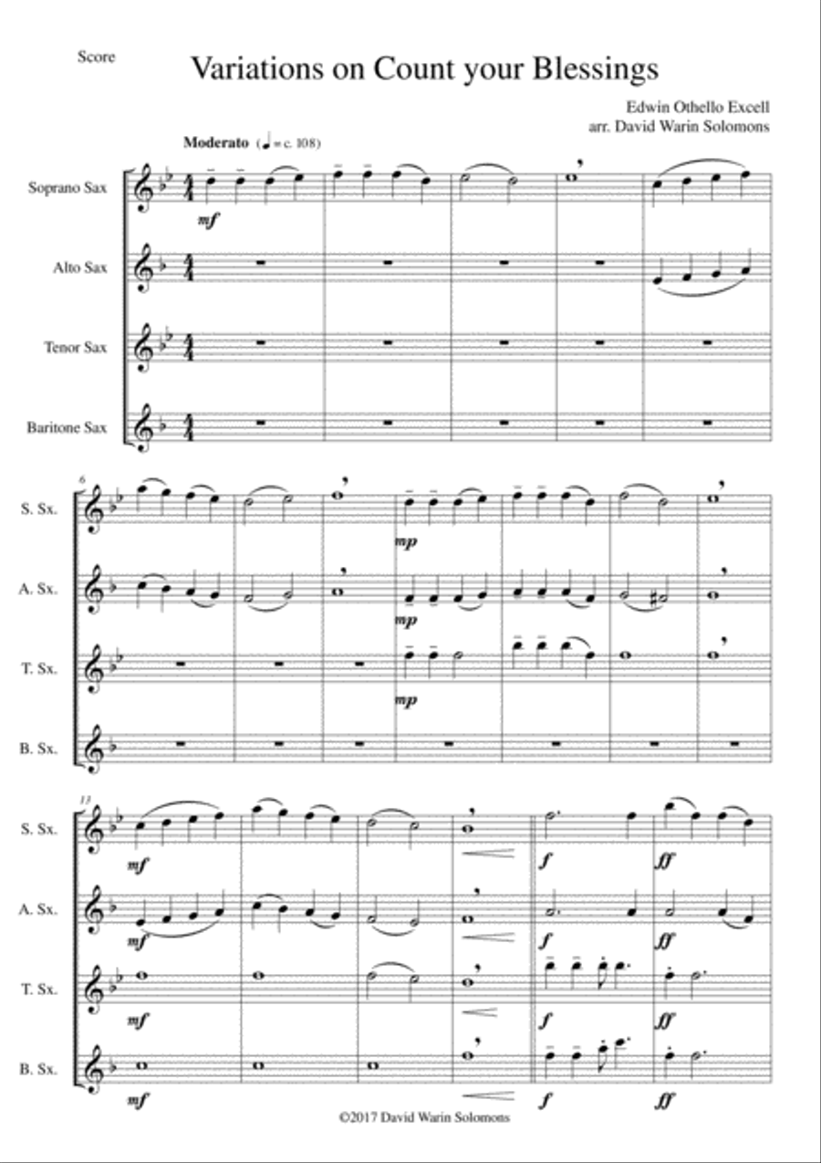 Variations on Count your Blessings for saxophone quartet Saxophone Quartet scores gallery preview page 1