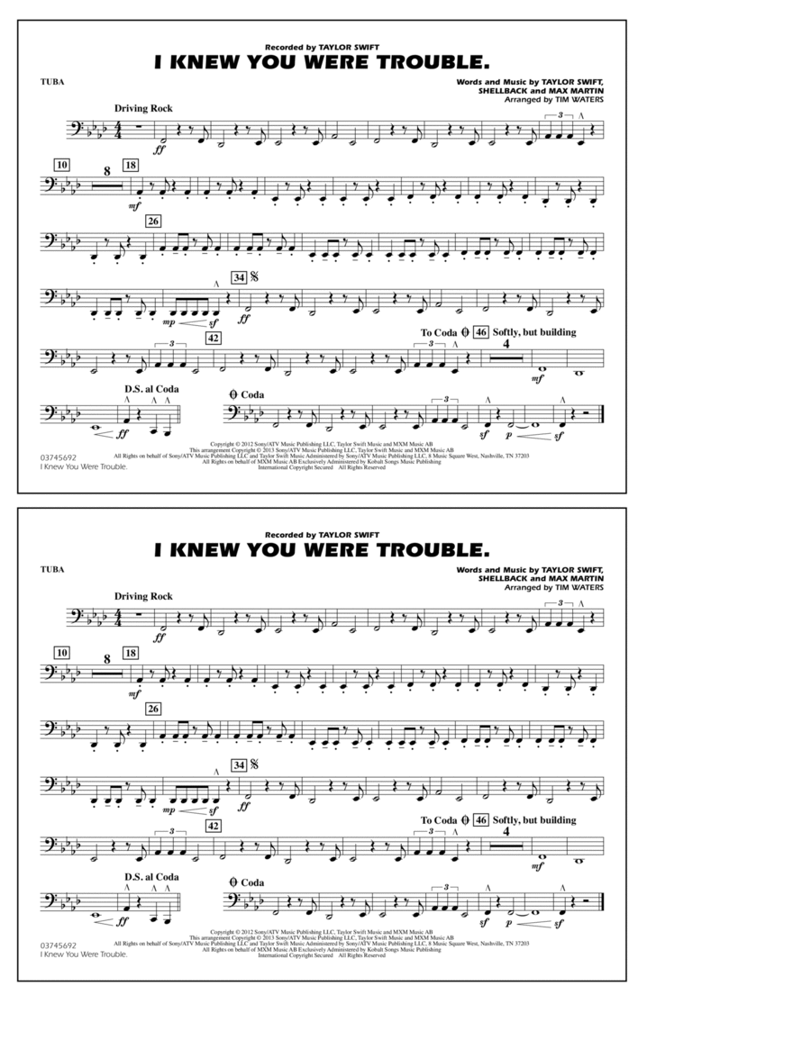 I Knew You Were Trouble - Tuba Marching Band scores gallery preview page 1
