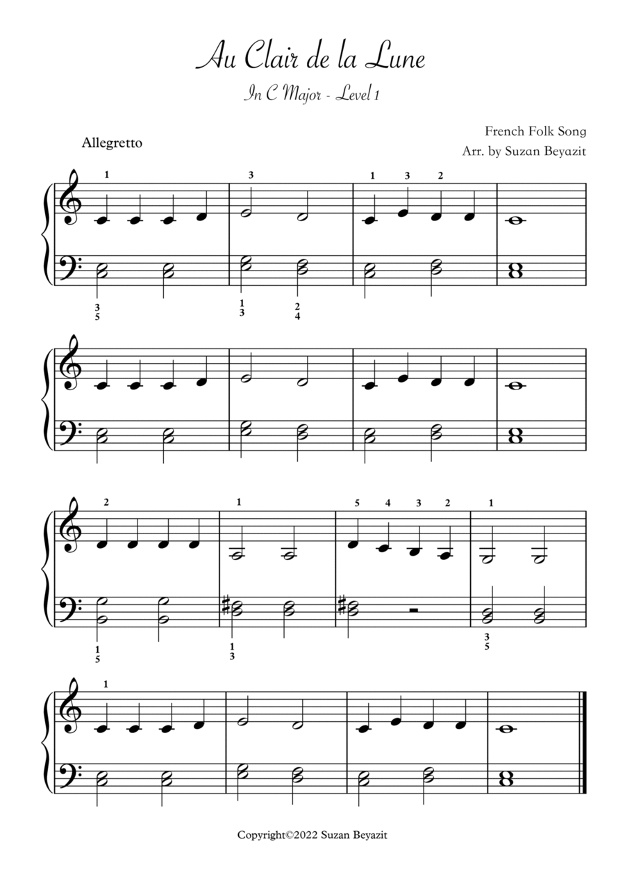 Au Clair de la Lune ( Level 1 Piano) Easy Piano scores gallery preview page 1