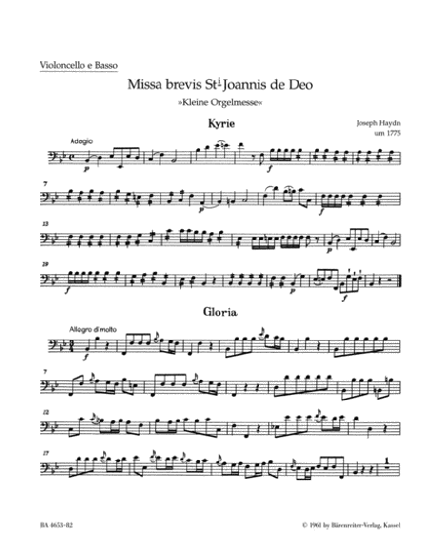Missa brevis Sancti Joannis de Deo Hob.XXII:7 'Little Organ Mass' Double Bass scores gallery preview page 1