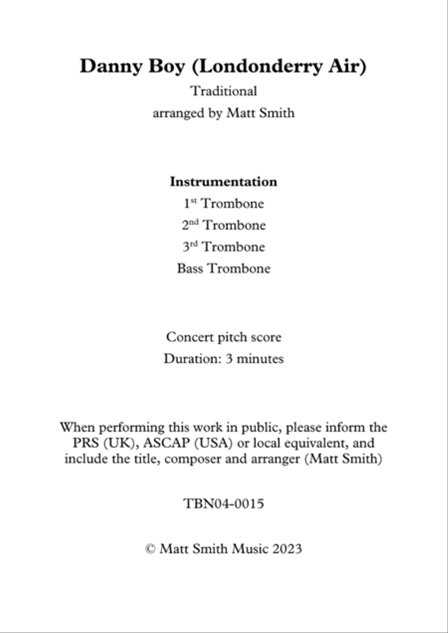 Danny Boy (Londonderry Air) - TROMBONE QUARTET Brass Quartet scores gallery preview page 2