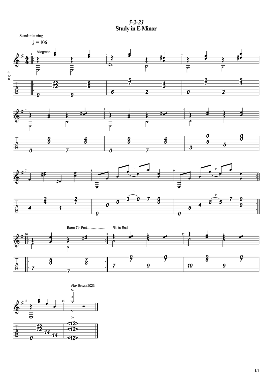 Study in E Minor Classical Guitar scores gallery preview page 1