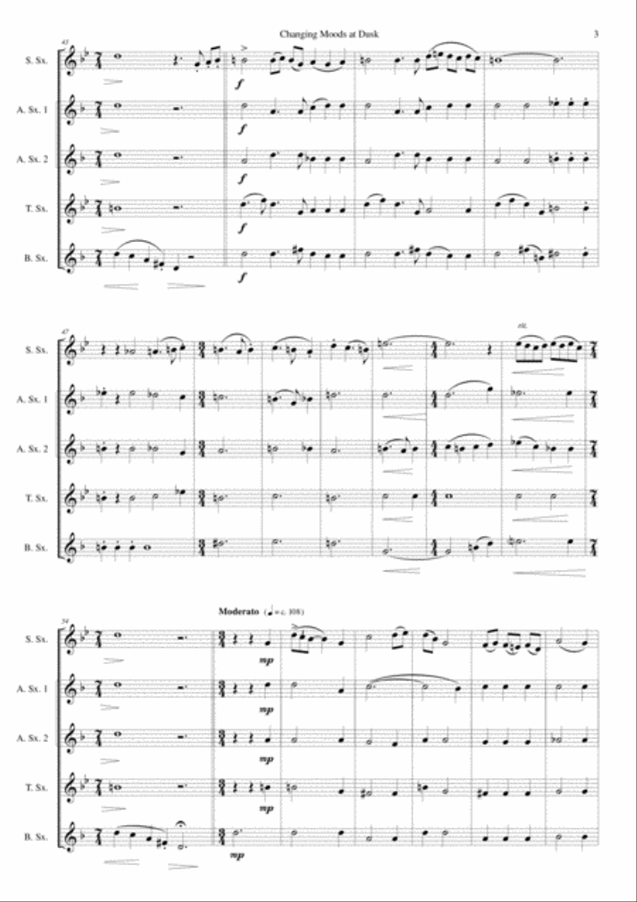 Changing moods at dusk for saxophone quintet (soprano, 2 altos, 1 tenor, 1 baritone) Saxophone Quintet scores gallery preview page 3