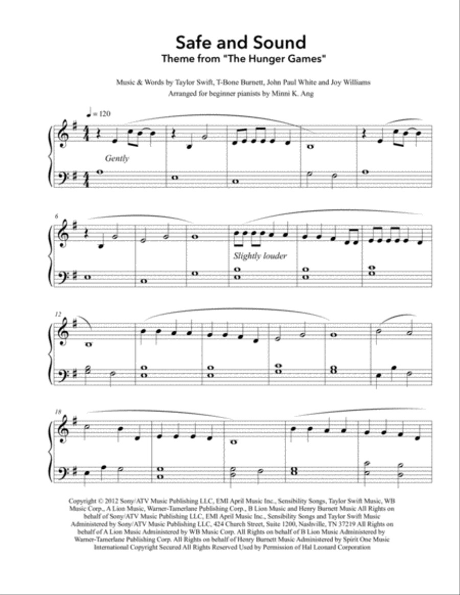 Safe And Sound Easy Piano scores gallery preview page 1