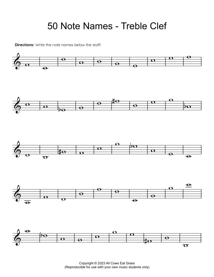 50 Note Names - Treble Clef (Reproducible Music Theory Worksheet) Reproducible Packs scores gallery preview page 1
